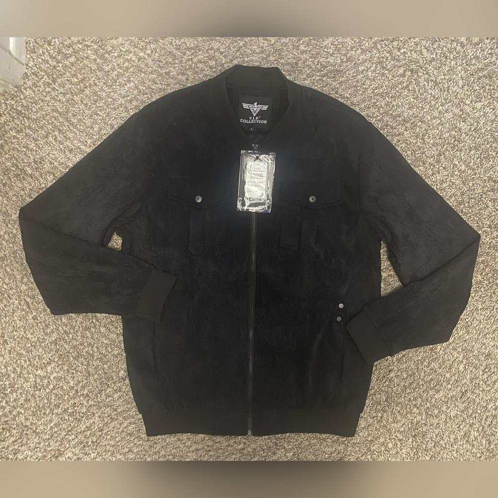 VIP Collection Men's Faux Suede Full Zip Long Sleeve Bomber Black Jacket Size L